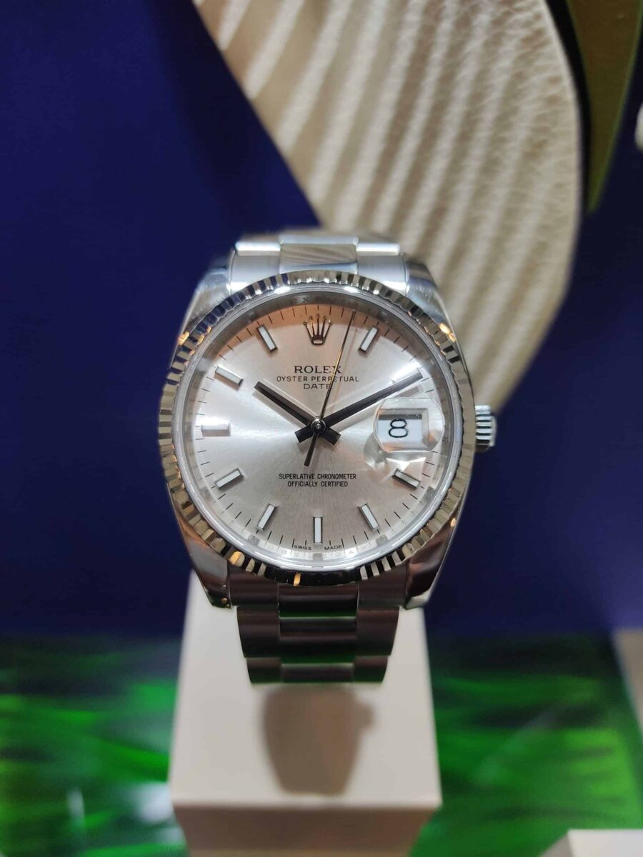 Rolex Date 34mm Steel & 18K White Gold Bezel ref.115234 Silver Dial | Gothelf A. Watches