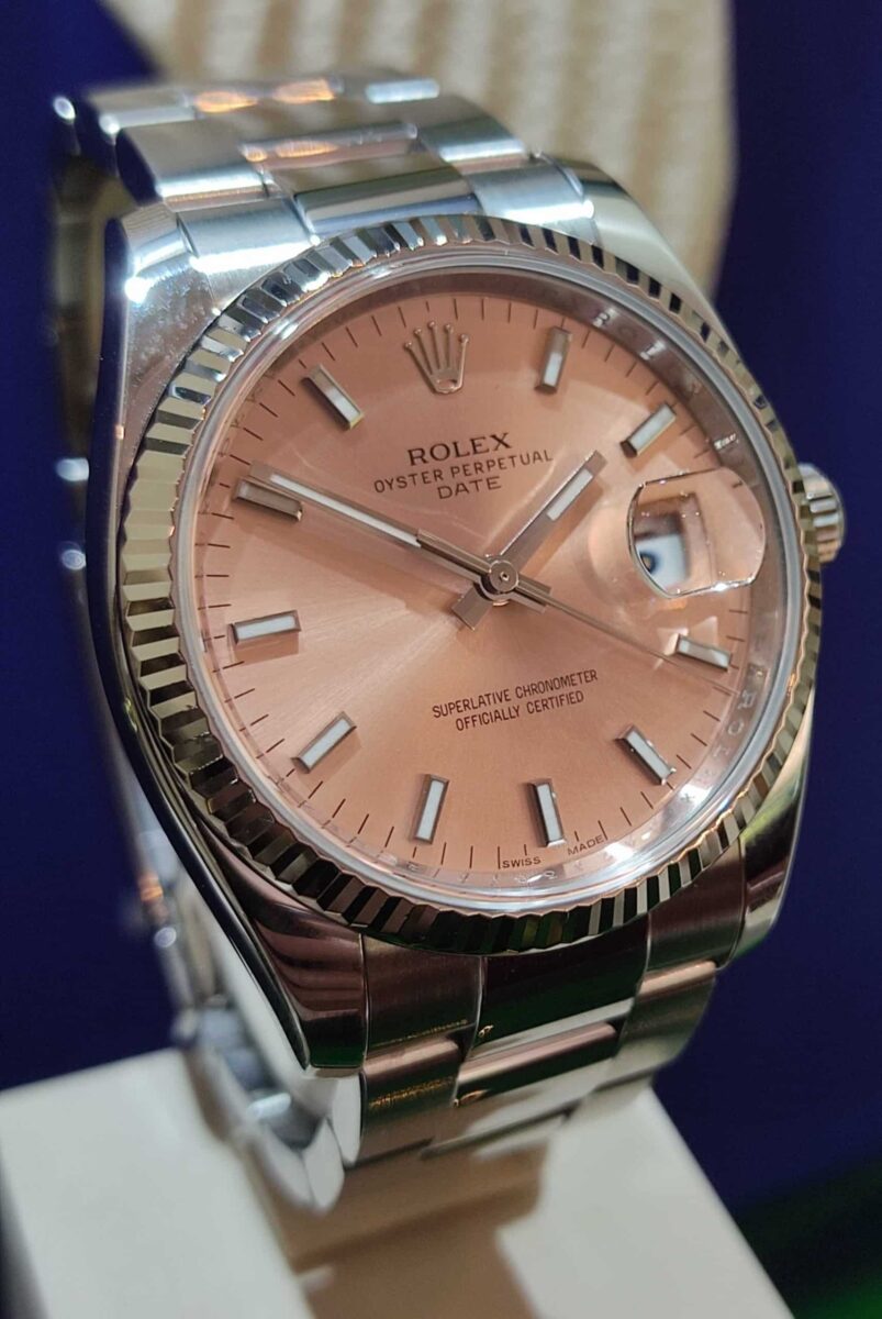 Rolex Date 34mm Pink Dial White Gold Bezel Pre-owned 2015 | Gothelf A. Watches — 2
