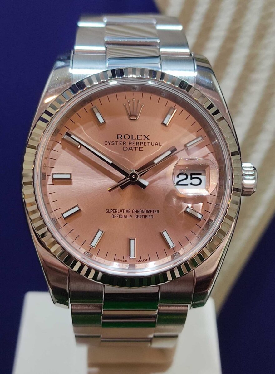 Rolex Date 34mm Pink Dial White Gold Bezel Pre-owned 2015 | Gothelf A. Watches