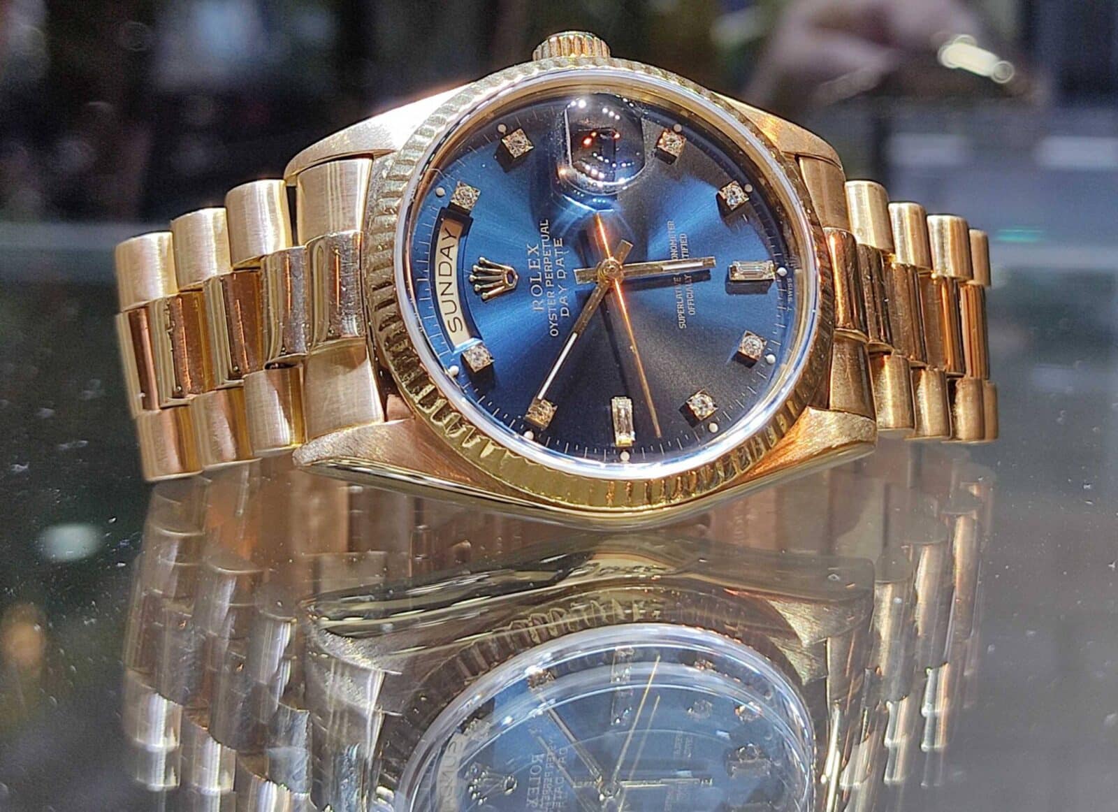 Rolex President Day Date 36mm 18K Yellow Gold Blue Diamonds Dial | Gothelf A. Watches — 2