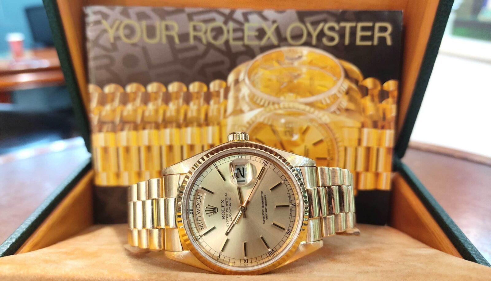 Rolex President Vintage Day-Date 36mm 18K Yellow Gold ONYX Dial Bark Finish | Gothelf A. Watches