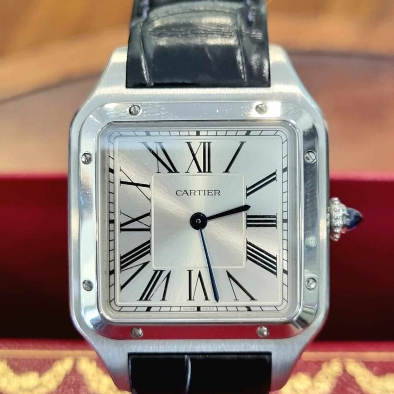 Cartier Santos Dumont Extra Large Steel On Blue Leather Strap | Gothelf A. Watches