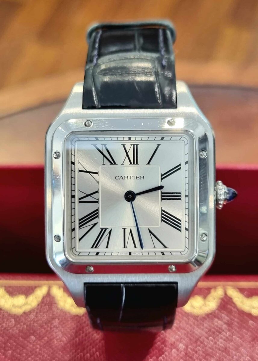 Cartier Santos Dumont Extra Large Steel On Blue Leather Strap | Gothelf A. Watches