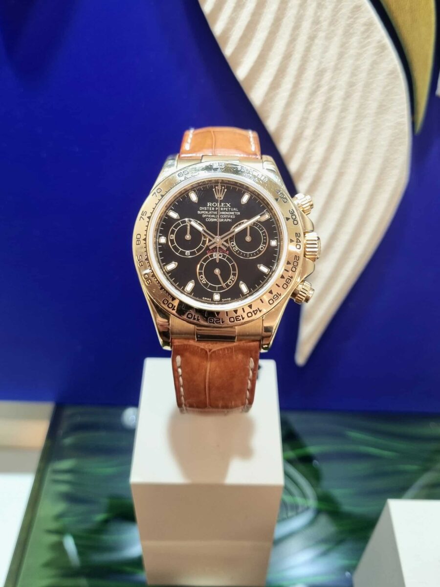 Rolex Daytona Cosmograph 18K Gold Black dial on Leather Strap | Gothelf A. Watches — 2