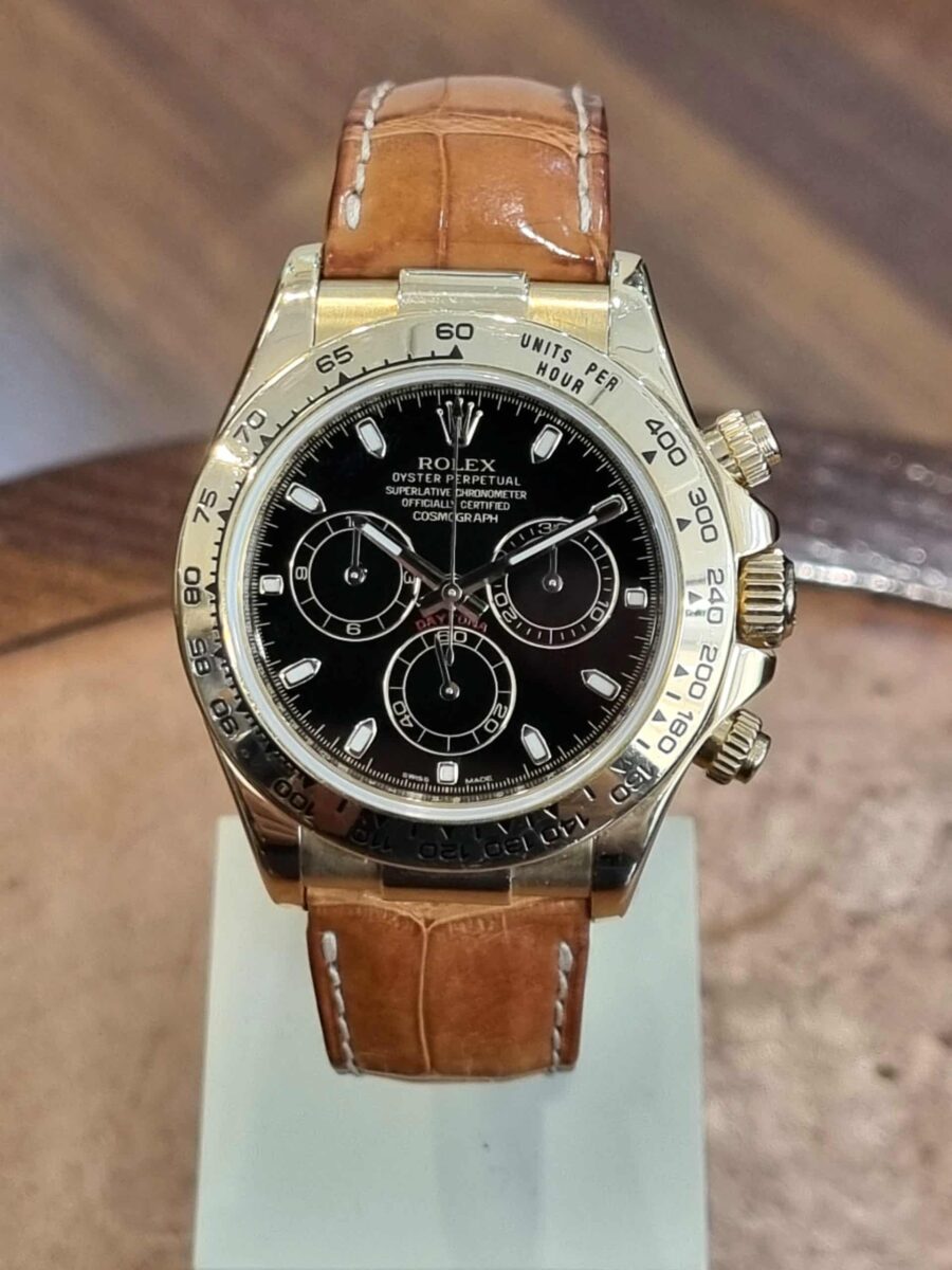 Rolex Daytona Cosmograph 18K Gold Black dial on Leather Strap | Gothelf A. Watches
