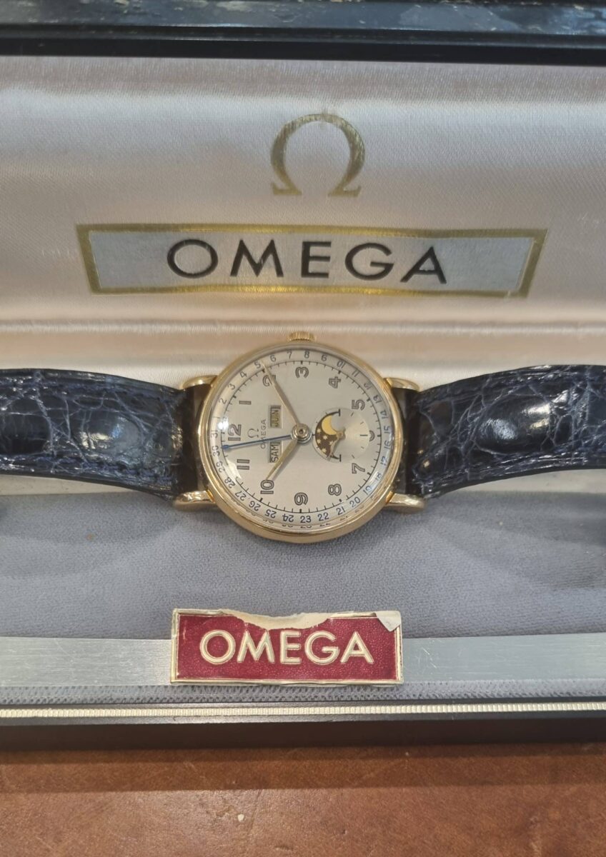 Omega Cosmic Moonphase 2473 Solid 14K Gold Watch Circa 1947 | Gothelf A. Watches