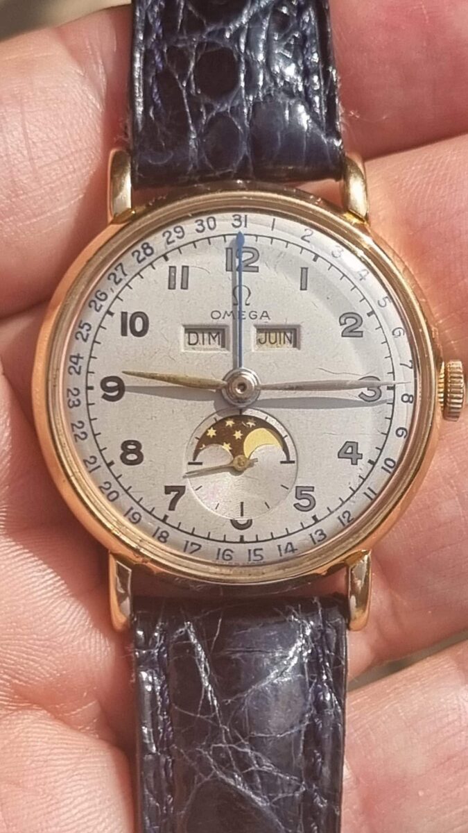 Omega Cosmic Moonphase 2473 Solid 14K Gold Watch Circa 1947 | Gothelf A. Watches — 2