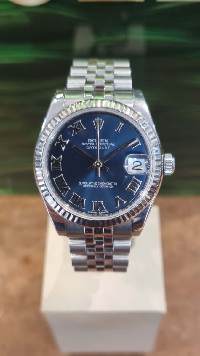 Rolex Datejust Ladies 31mm Oyster Steel and White Gold Bezel Blue Roman Dial Ref.178274 | Gothelf A. Watches