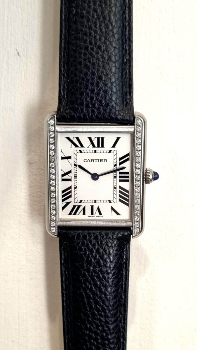 Cartier Tank Solo Large Steel aftermarket diamonds bezel ref.w1018355 pre-owned-2015 | Gothelf A. Watches — 2