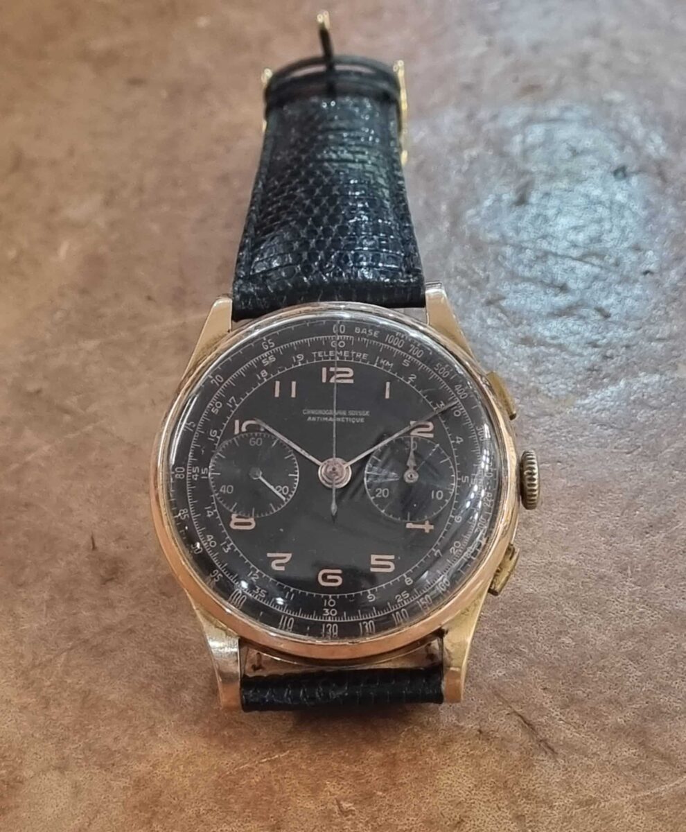 Chronograph Suisse Antimagnetique 18k Rose Gold 37mm Vintage Hand wound Mechanic Movement | Gothelf A. Watches