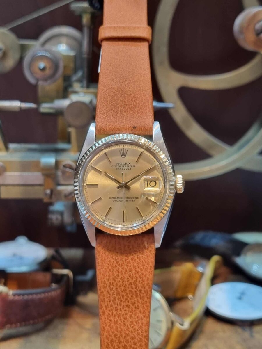Rolex Datejust Vintage Steel and Gold on a leather strap Pie Pan Champagne dial ref.1601 | Gothelf A. Watches — 2