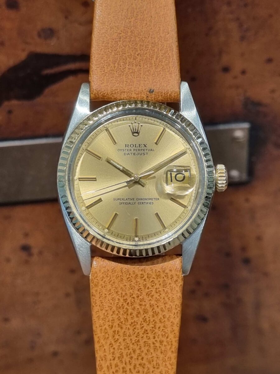 Rolex Datejust Vintage Steel and Gold on a leather strap Pie Pan Champagne dial ref.1601 | Gothelf A. Watches