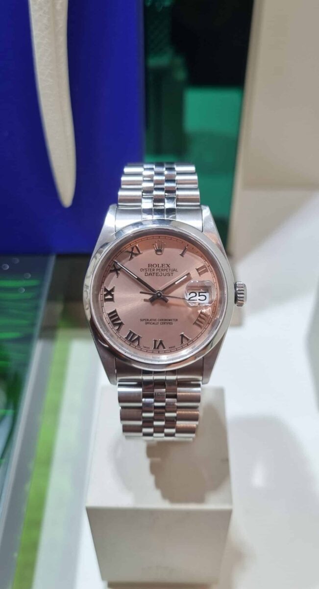 Rolex Datejust Steel 36mm Pink Roman Dial Jubilee Bracelet Ref.16200 pre-owned 2001 | Gothelf A. Watches — 2