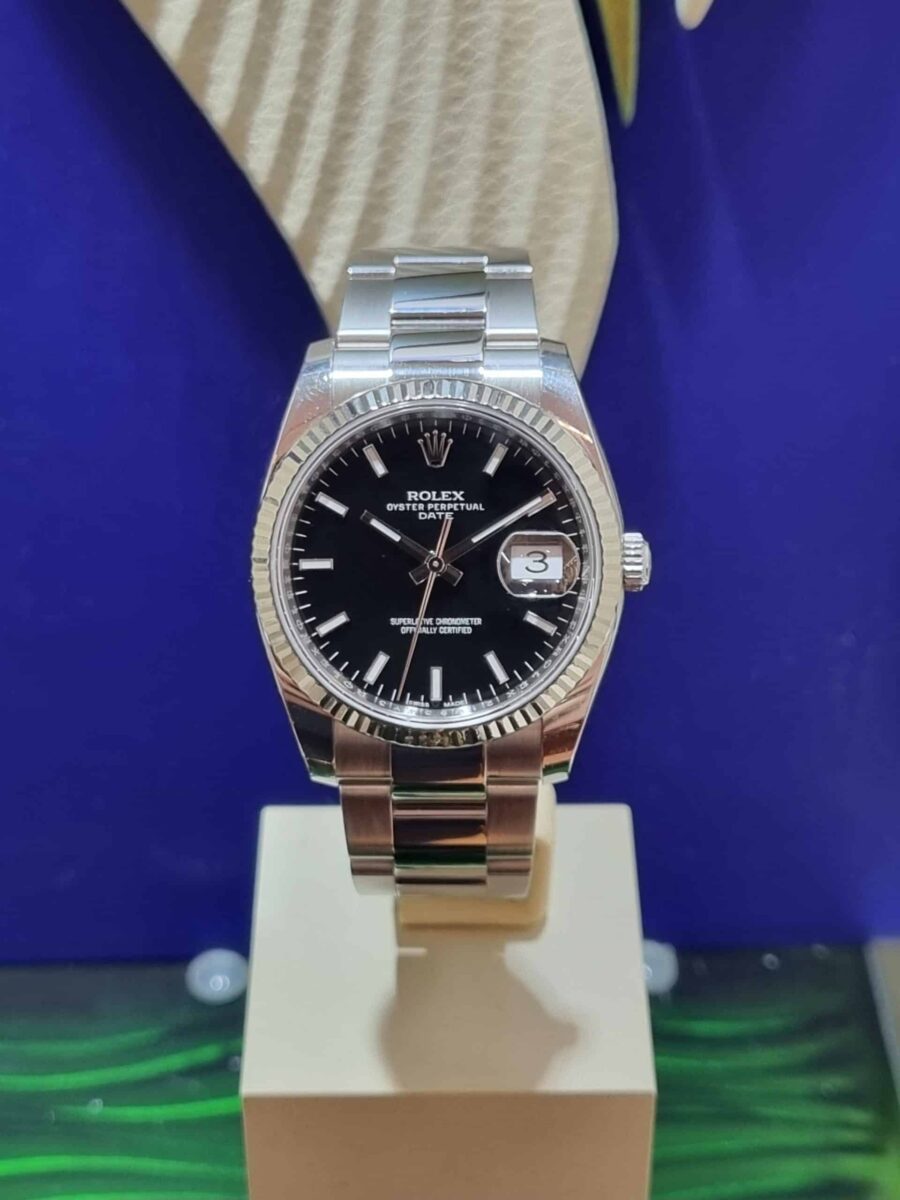 Rolex Date 34mm Ladies Black Dial White gold Bezel | Gothelf A. Watches