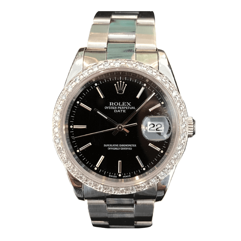 Rolex Oyster Perpetual Date 34mm Steel Black Dial 2001 Diamonds Bezel Ref 15200 | Gothelf A. Watches