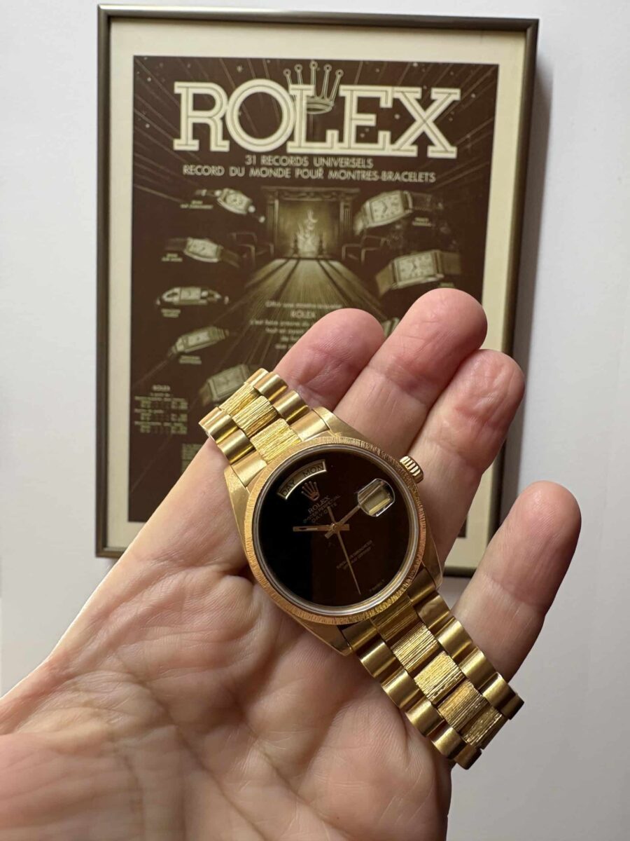 Rolex President Vintage Day-Date 36mm 18K Yellow Gold ONYX Dial Bark Finish | Gothelf A. Watches