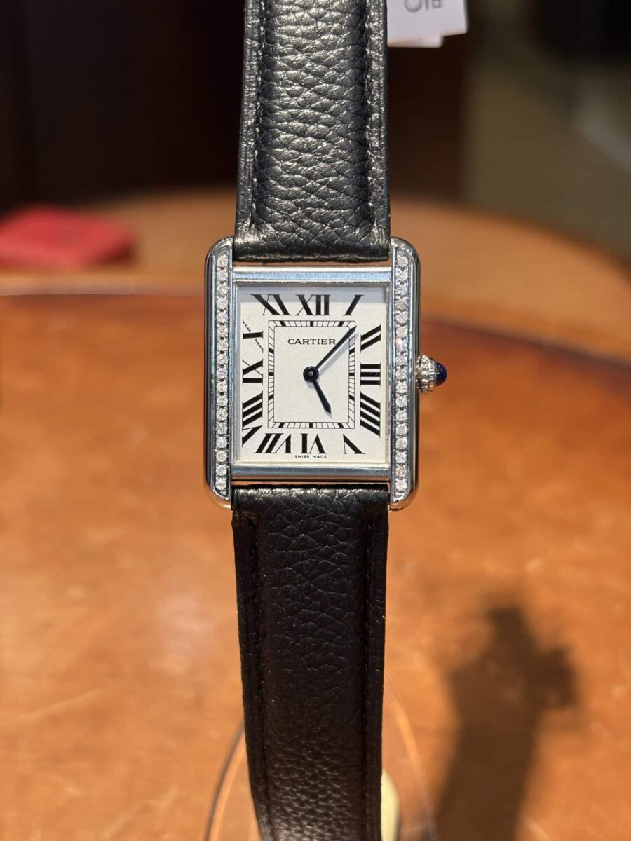 Cartier Tank Solo Ladies Diamonds pre-owned small Ref.2716 on Black Leather strap | Gothelf A. Watches