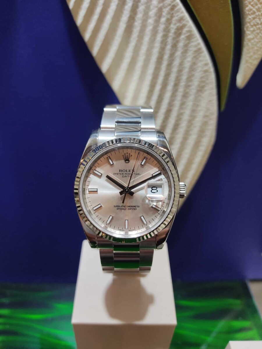 Rolex Date 34mm Steel & 18K White Gold Bezel ref.115234 Silver Dial | Gothelf A. Watches — 2