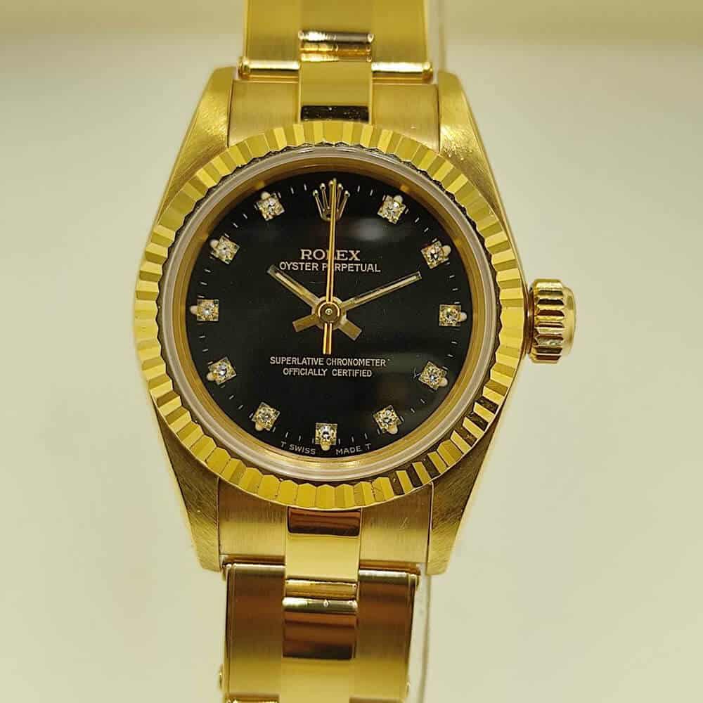 Rolex Oyster Perpetual Ladies 18K Gold Diamond-set Dial | Gothelf A. Watches