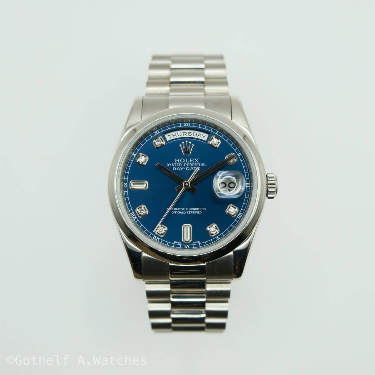 Rolex Day-Date White Gold Blue Diamond Dial 2007 | Gothelf A. Watches